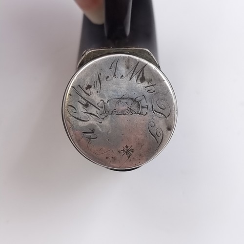 52 - Star Lot: An antique Scottish ram's horn snuff mull with an inscribed hinged lid, possibly silver. T... 