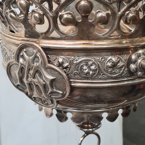 1222 - Super Star Lot: An exceptional antique Irish silver substantial religious sanctuary lamp, masterfull... 