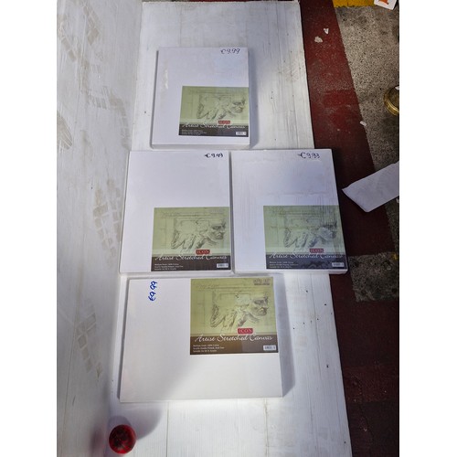 Set of four sealed ICON artist stretched canvases, 14 × 18 in (355 × 457 mm), medium-grain 100 % cotton, acrylic double-primed, acid-free, suitable for oil or acrylic.