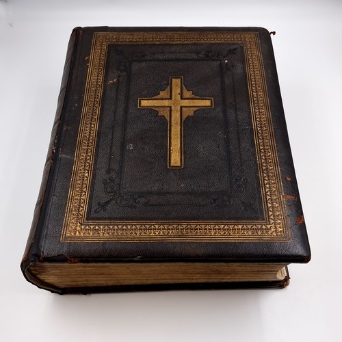 1223 - Star Lot: A superb example of an antique very large Holy Bible with beautiful plates, protected by r... 