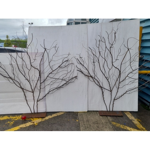 Pair of large freestanding, leafless tree sculptures, welded wrought ...