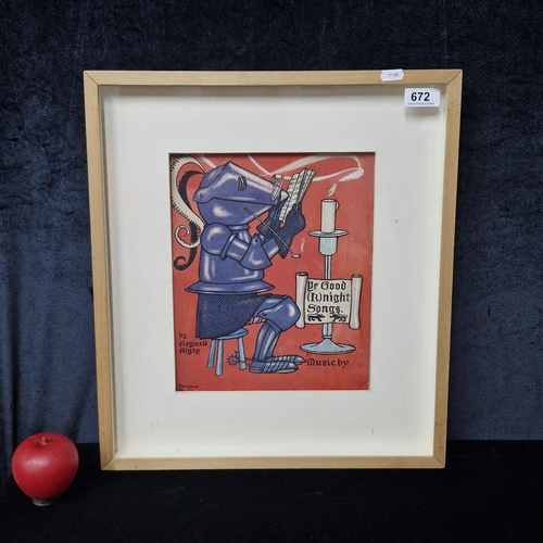 An original felt pen and watercolour on paper painting. Features a 'Reginald Rigby' poster for 'Ur Good Knight Songs' music sheet. Housed in a wooden frame behind glass.