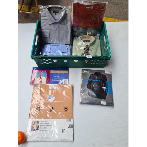 Mixed lot of seven new unopened garments: Burton grey shirt, Livergy rust sweater, Cedarwood State green shirt with tie, blue formal shirt, Avenue sarong, Carmen ladies top, Crivit men’s performance top.