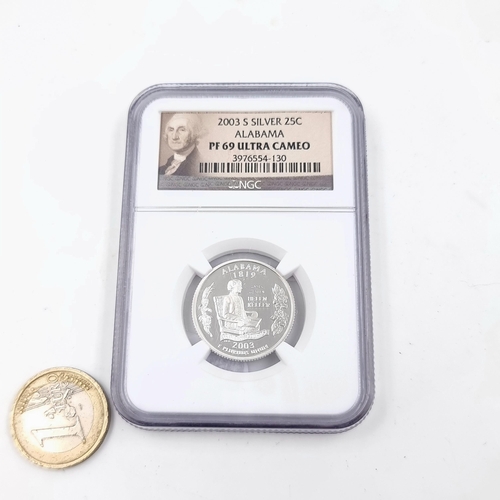 An encapsulated uncirculated NGC 2003 S Silver 25c Alabama PF 69