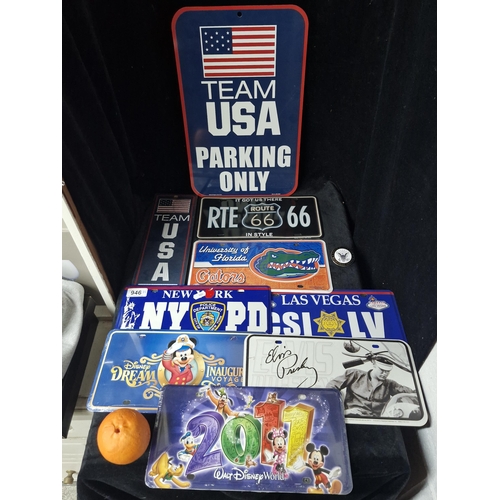 A selection of American themed items. Includes license plates, a U.S Navy Service badge and a wall sign.
