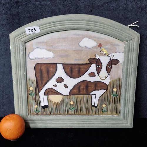 'Josephine Guilfoyle (Irish, Contemporary)' An original very adorable 'Josephine Guilfoyle (Irish, Contemporary) acrylic on board painting. Features a charming portrait of a cow with a bird seated.. Rendered in a harmonious palette with yellows, browns, greens and whites. Portrays broad and expressive brushstrokes. The piece carries an unique abstract style. Housed in a soft green wooden frame.

Guilfoyle is a self taught British artist born to Irish parents focuses of animal portraiture and brightly coloured works concerned with local wild and farm life and has a strong auction history.