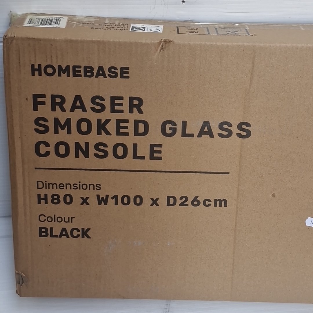 Homebase “Fraser” smoked glass console table, black metal frame with ...