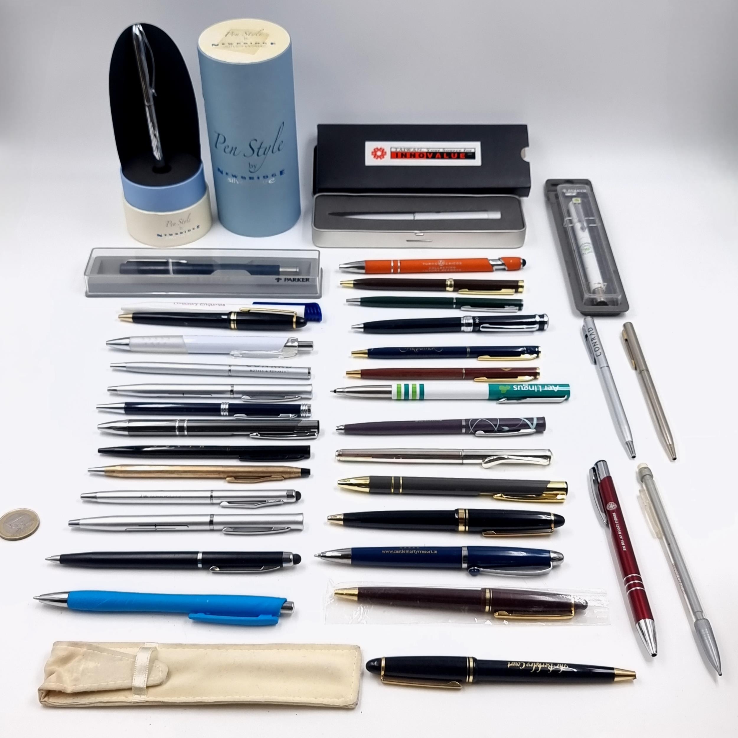 A large collection of pens. Including a boxes New bridge example.