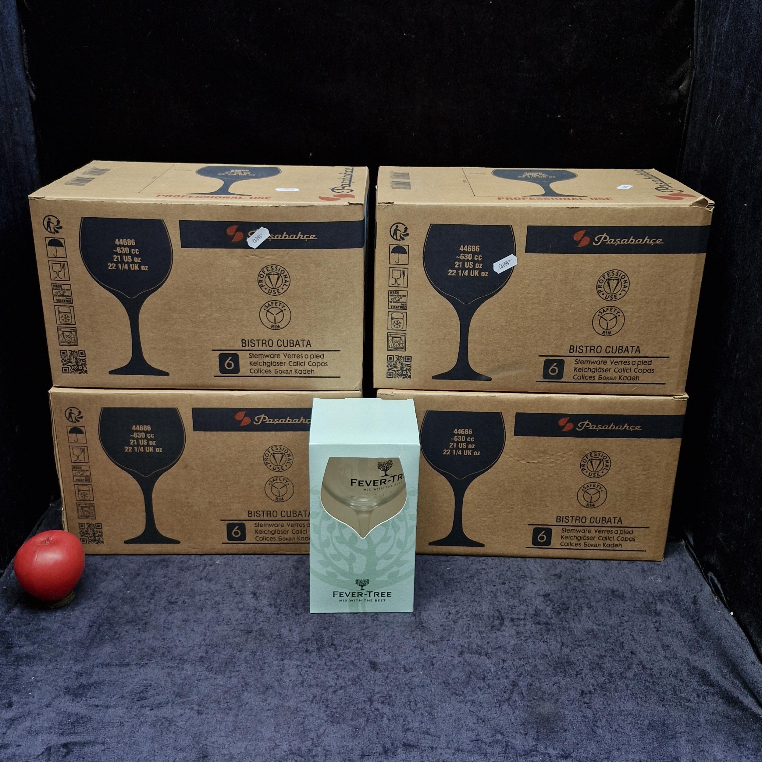 Four boxes of six as new Fever Tree tonic cocktail 22.5oz glasses.