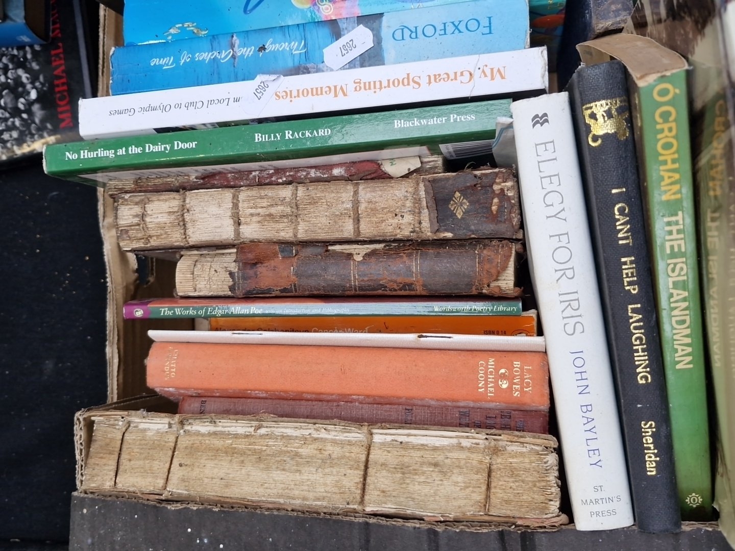 Box of assorted books, including distressed 19th-century leather-bound ...