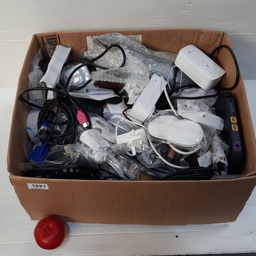 Box of assorted computer and AV cables, TP-Link powerline adapters ...