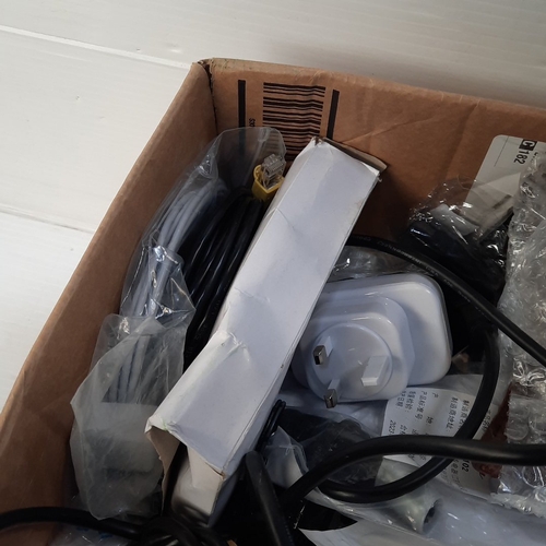 Box of assorted computer and AV cables, TP-Link powerline adapters ...