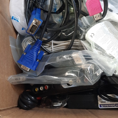Box of assorted computer and AV cables, TP-Link powerline adapters ...