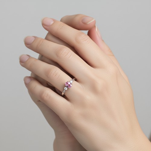 46 - Star Lot : A lovely nine carat white gold ring set with a Pink Sapphire and two Diamonds to shoulder... 