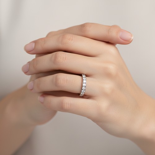 45 - A pretty nine carat gold gemstone half eternity ring. Size - P, Weight - 2. 04 grams.