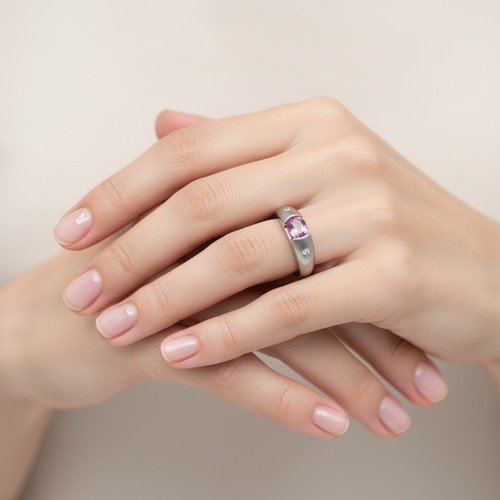 40 - Star Lot : A nine carat white gold ring set with a Pink Sapphire and two Diamonds. Size - P, Weight ... 