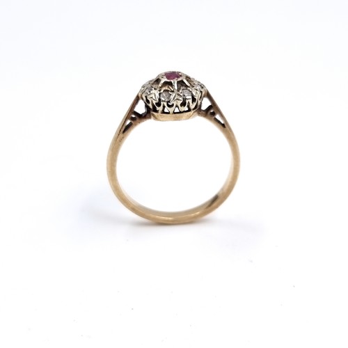 51 - Star lot: An antique Ruby and Diamond Cluster ring set in nine carat gold. Hallmarks indistinct. Siz... 
