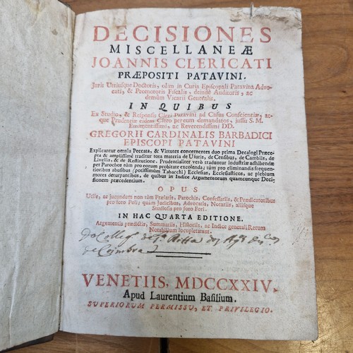 A 1724 Latin book titled 'Decisiones Miscellane AE Joannies Clericati ...