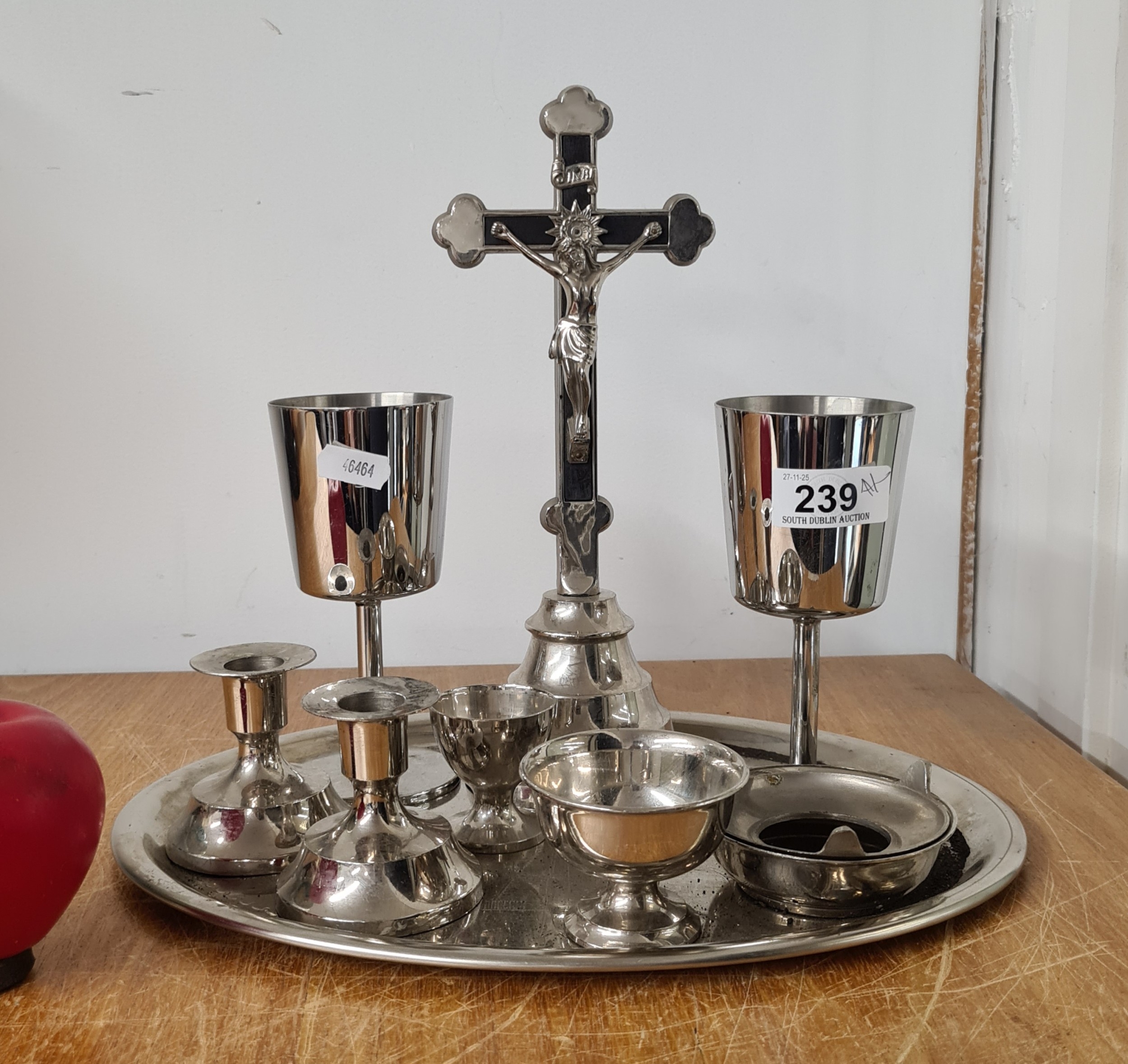 A vintage stainless steel and silver plate West German Last rites set.