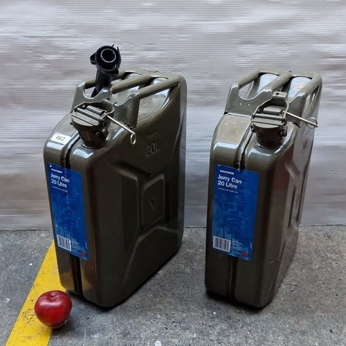 Pair of new looking olive steel jerry cans, 20-litre capacity, locking ...