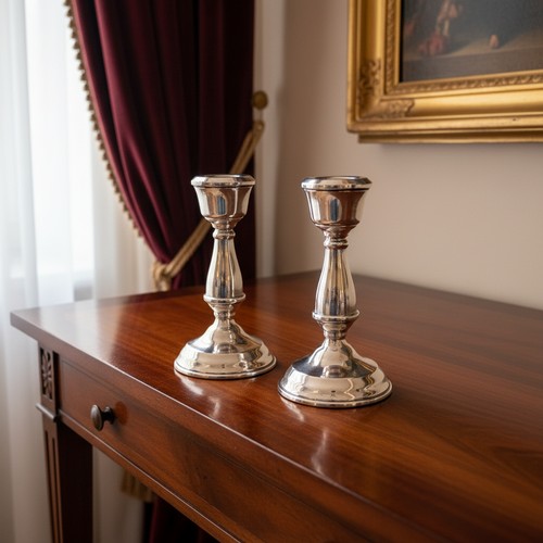 59 - Star Lot : A pair of Sterling Silver  candle sticks. Height - 13CM. Hallmarked Birmingham dating to ... 