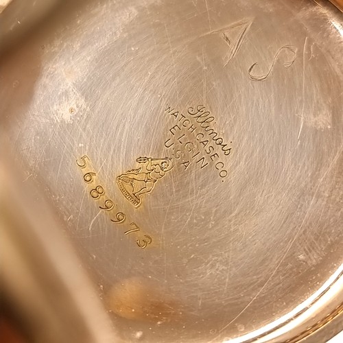 30 - A gold-plated Elgin Full Hunter pocket watch. Watch number 5689973. Watch with white enamel dial, Ar... 