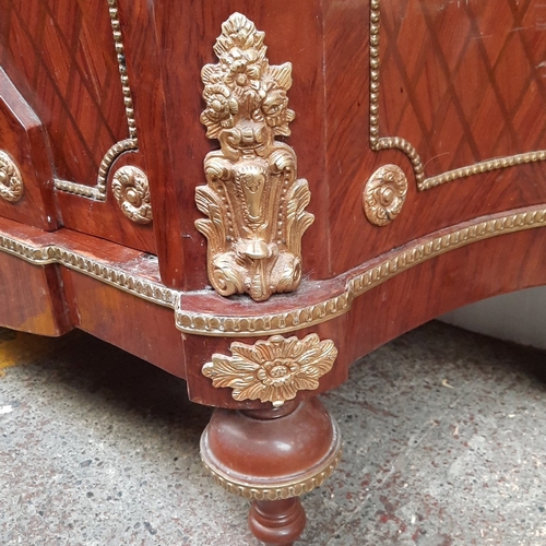 1673 - Star Lot : Serpentine mahogany sideboard with parquetry panels and floral marquetry doors, three fri... 