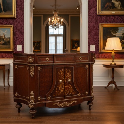 1673 - Star Lot : Serpentine mahogany sideboard with parquetry panels and floral marquetry doors, three fri... 