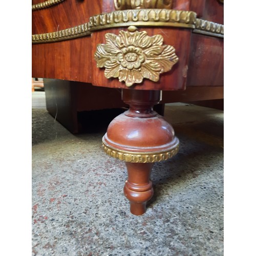 1673 - Star Lot : Serpentine mahogany sideboard with parquetry panels and floral marquetry doors, three fri... 