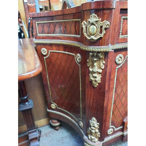 1673 - Star Lot : Serpentine mahogany sideboard with parquetry panels and floral marquetry doors, three fri... 