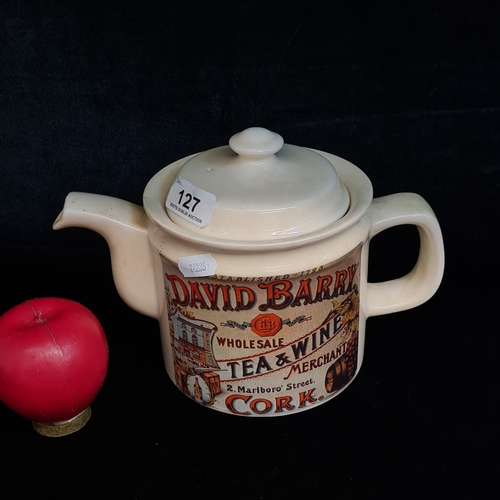 127 - A glazed ceramic teapot with David Barry Whole sale Tea & Wine Merchant 2 Marlboro Street Cork. In e... 