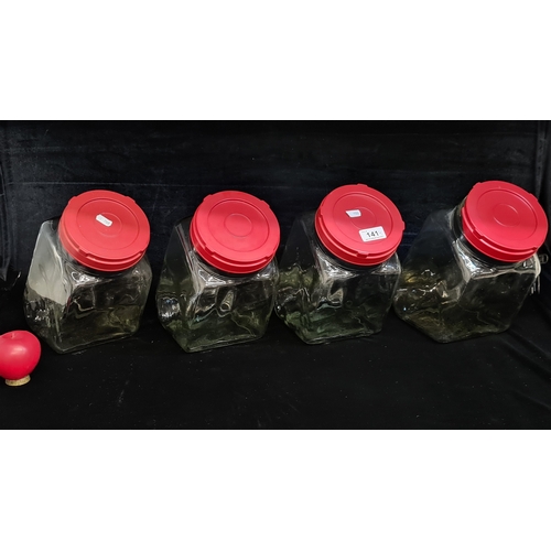 141 - Four vintage handblown thick large lidded sweet storage jars unusual triangular shape . Glass All in... 