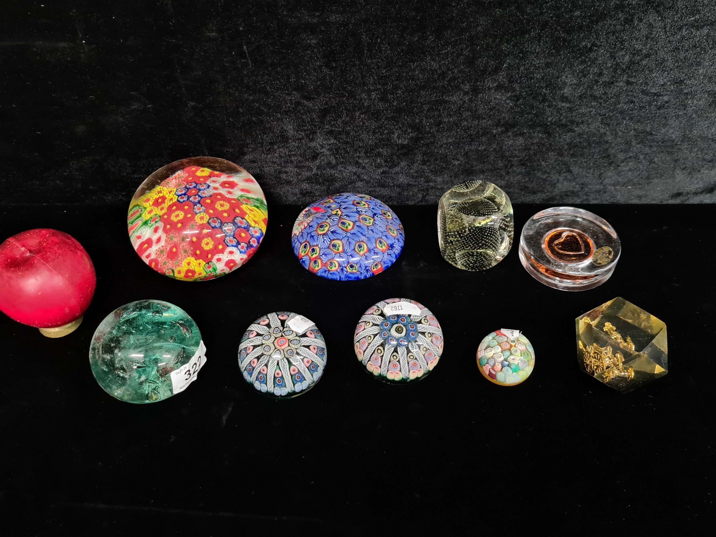 Eight handblown art glass paperweights including Strathearn Scottish ...