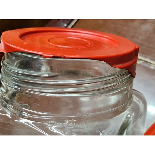 141 - Four vintage handblown thick large lidded sweet storage jars unusual triangular shape . Glass All in... 