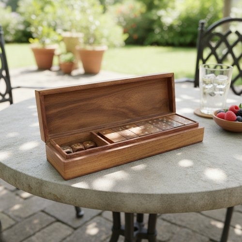 125 - A wooden vintage domines and dice set. Held in a partitioned wooden box with brass accents.
Please n... 