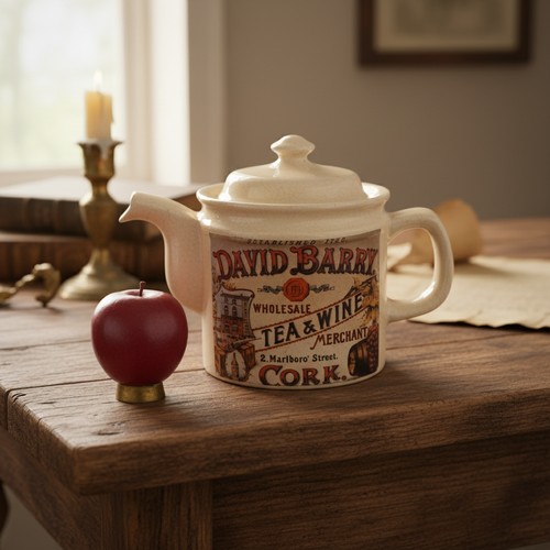 127 - A glazed ceramic teapot with David Barry Whole sale Tea & Wine Merchant 2 Marlboro Street Cork. In e... 