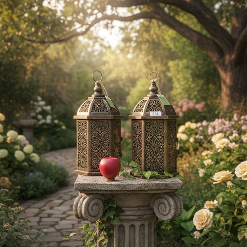 128 - Two brand new metal garden lantern holders / birdcages with pierced design throughout and hexagonal ... 