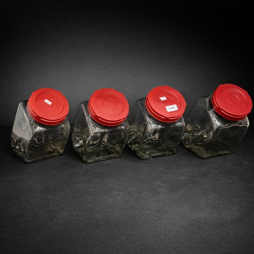 141 - Four vintage handblown thick large lidded sweet storage jars unusual triangular shape . Glass All in... 