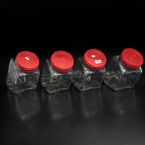 141 - Four vintage handblown thick large lidded sweet storage jars unusual triangular shape . Glass All in... 