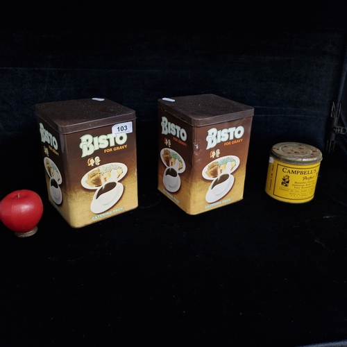 103 - Three vintage tins including a Campbell's Tea example and a Bistro Gravy example.