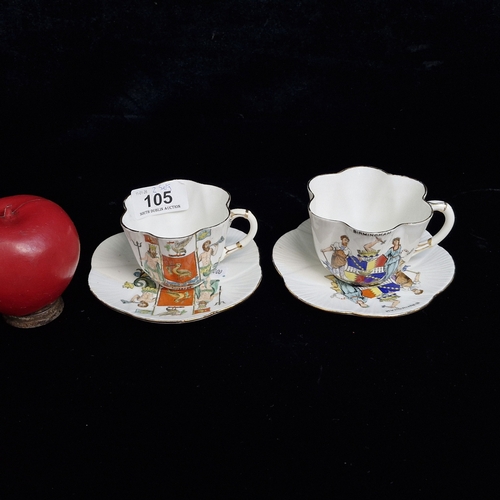 105 - Two pairs of Antique, Foley China cups and saucers wit scalloped edges and gilt accents. One example... 