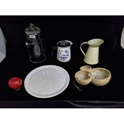 110 - A mixed lot of five items two jugs, a large white dinner plate and a large lidded glass jar.
