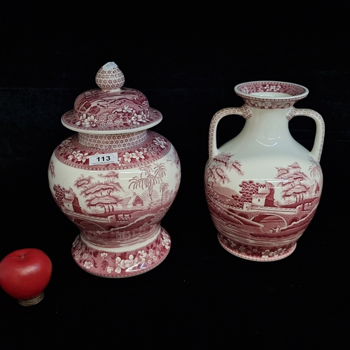 113 - Two large Red & White Spode England glazed ceramic pieces including a double handled vase and a larg... 