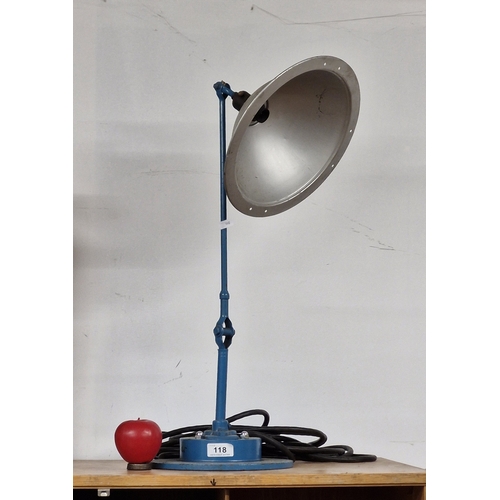 118 - An industrial style lamp with a blue base and a wide parabolic shade. Please note, the image of the ... 
