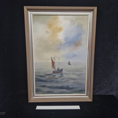 63 - A wonderful original oil on linen canvas painting. Features a maritime scene with fishing boats and ... 