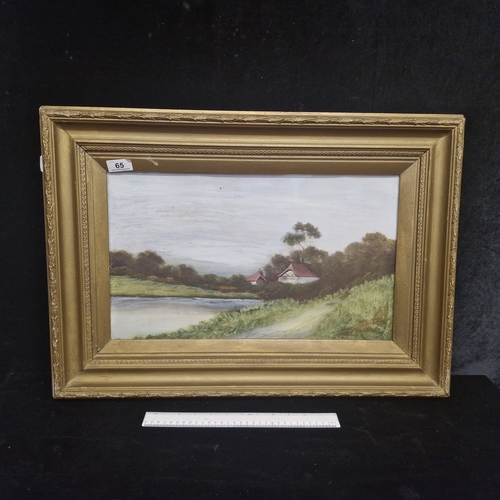 65 - Star Lot: A charming early 20th century gouache on board painting featuring a landscape scene with r... 