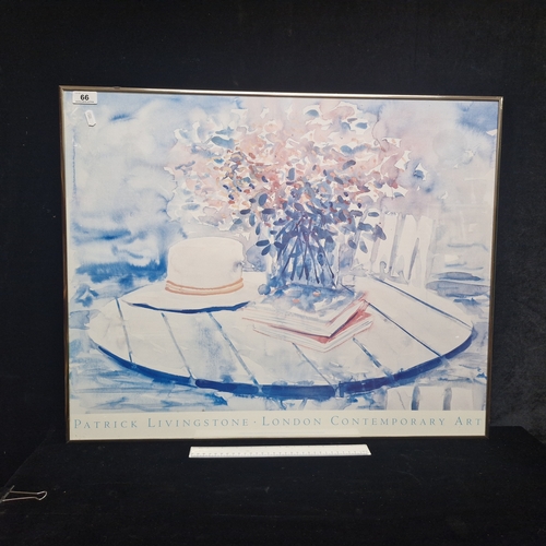 66 - A 1987 'Patrick Livingstone' gallery poster print featuring a still life of a hat, flowers and books... 