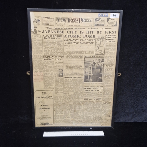 70 - An historic 1945 framed 'The Irish Press' newspaper headline page. Headline reading 'Japanese city i... 
