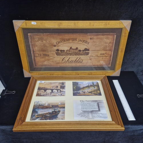 71 - Two vintage framed prints featuring a French wine box and prints of oil paintings by 'Pat Fox'. Hous... 