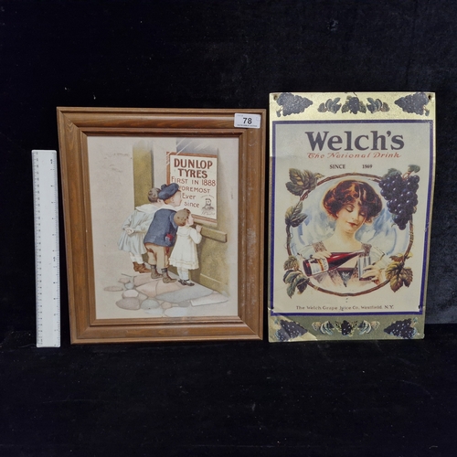 78 - A vintage printed foil showcard advertising 'Welch's Grape Juice'. Lot also includes a framed vintag... 